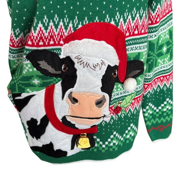 Holiday Time Christmas Moo Cow Ugly Sweater Green Red Medium M (38-40) Acrylic K - Picture 2 of 7